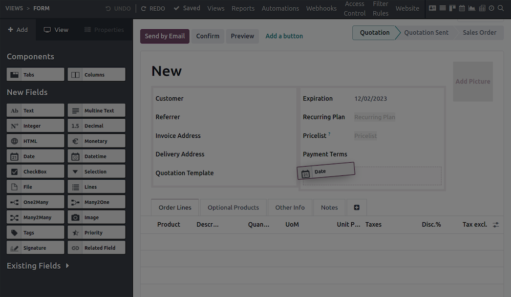 Vista oficial do Odoo Studio para personalização em Enterprise